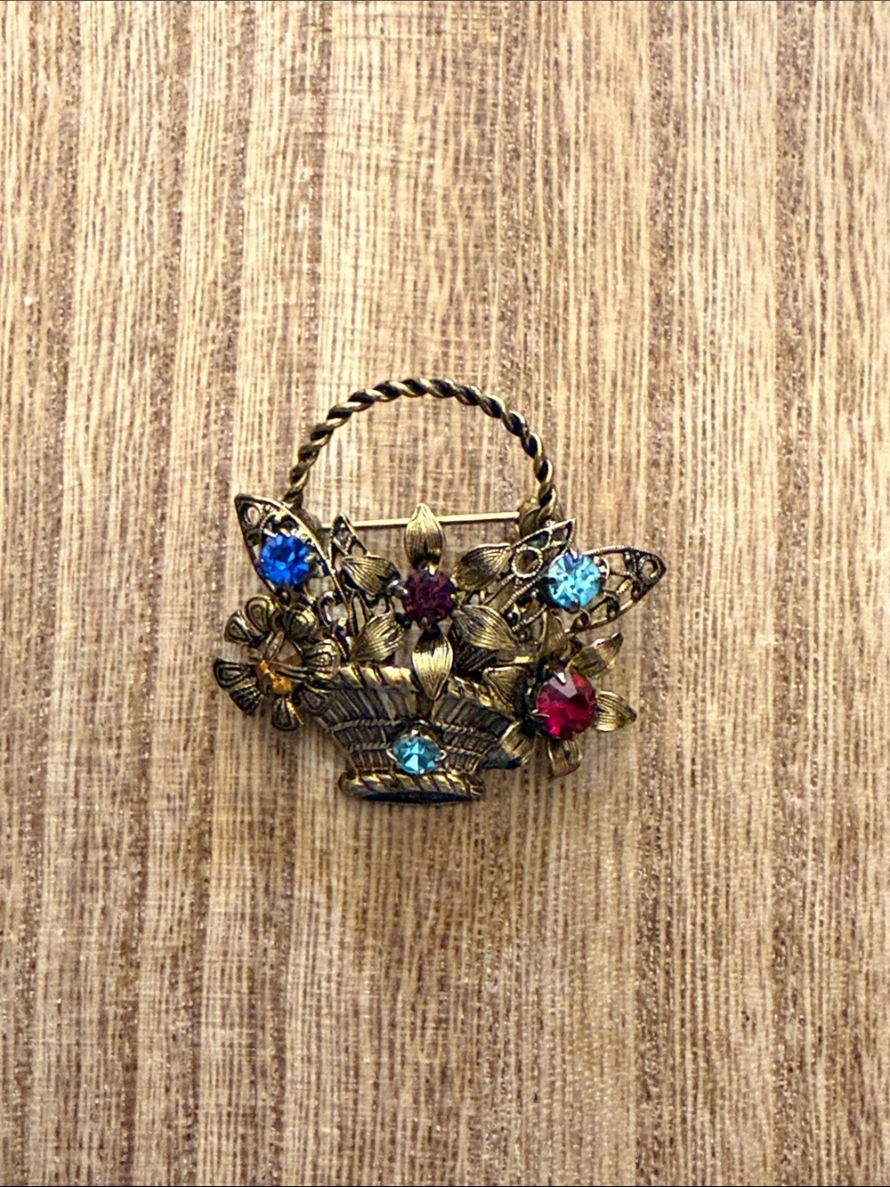 Source Unknown Gold-Tone Flower Basket Brooch with Blue, Red, Teal, Amber Stones